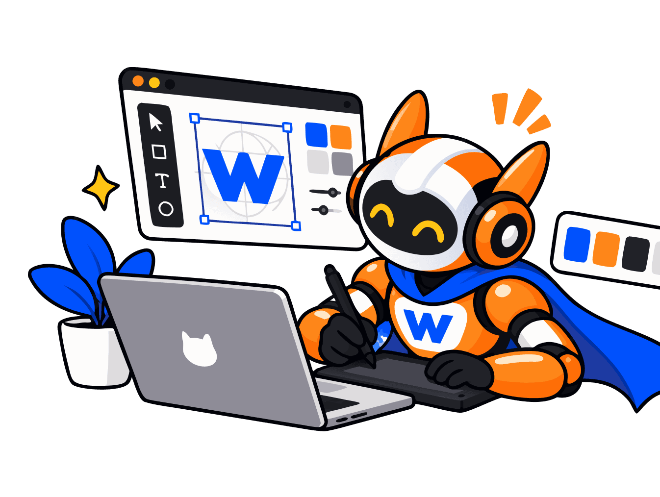Webman robot drawing a logo on a laptop