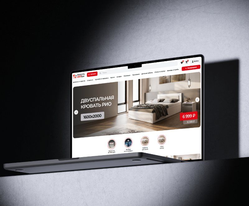 Mebel OptTorg furniture store website on a laptop