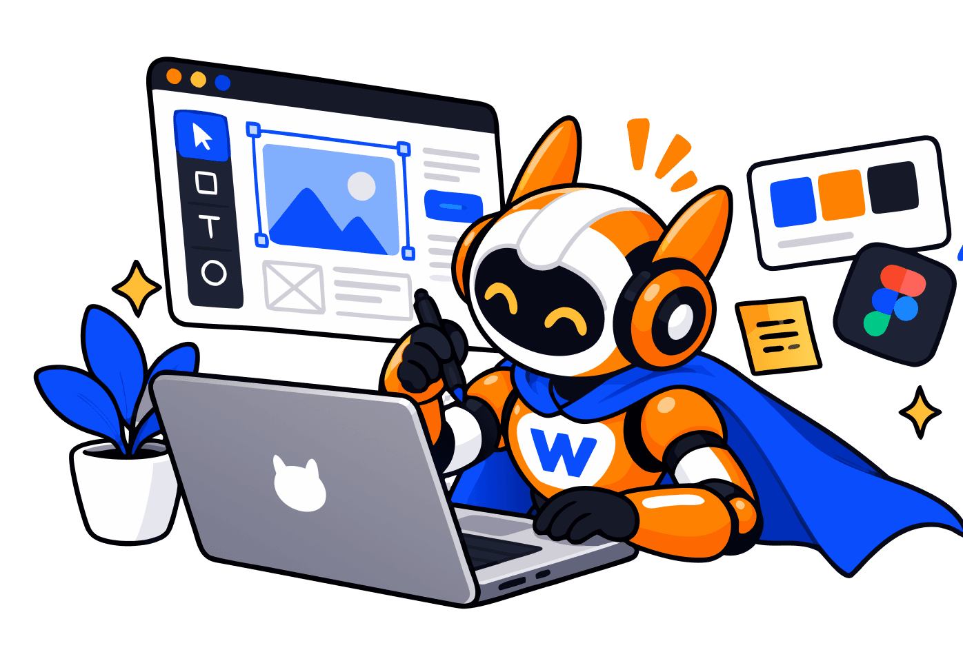Робот Webman за ноутбуком собирает дизайн сайта